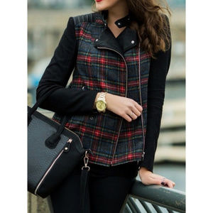 Zara Leather Plaid Red Black Moto Jacket